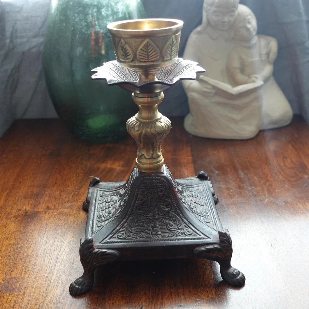 Vintage‎ Ornate Brass Cast Iron Candle Holder Claw Foot Victorian Gothic 9in